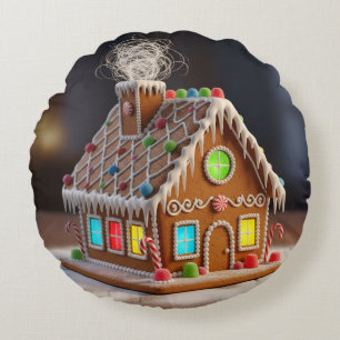 Verspieltes Weihnachts-Gingerbread-Haus   Festlich Rundes Kissen