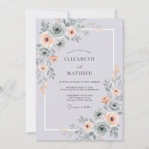 Verstaubte Periwinkle-Aprikosen-Rosen-Hochzeit Einladung