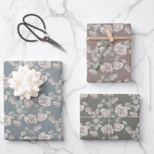 Verstaubte rosa Rosen in Blau-Grau, Taupe und Salb Geschenkpapier Set