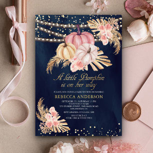 Verstaubte rosa Rosen Kürbis Pampas Navy Babyparty Einladung