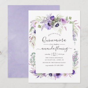 Verstaubtes Veilchen-Aquarell-Blumen-Quinceañera Einladung