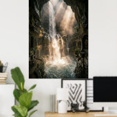 Versteckte Höhle Wasserfall Sonnenlichtstrahlen Poster (Heimbüro)