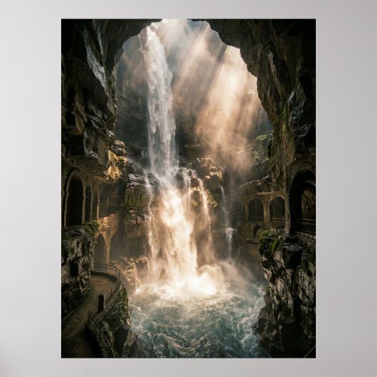 Versteckte Höhle Wasserfall Sonnenlichtstrahlen Poster (Vorne)
