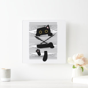 Versteckte schwarze Katze Süß Lustig Minimalistisc Quadratische Wanduhr