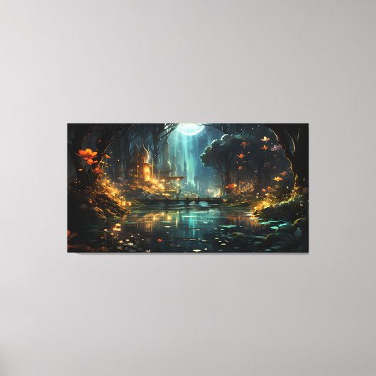 Versteckter Waldtempel im Mondlicht Leinwanddruck (Vorderseite)