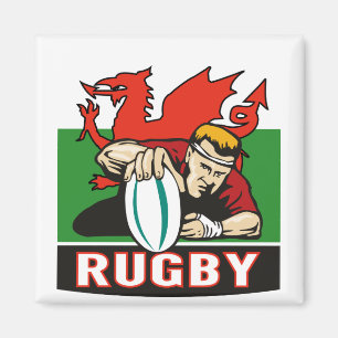 Versuch-Wales-Flagge des Rugbyspielers zählende Magnet