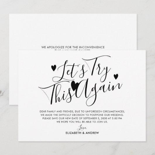 Vertagung der Hochzeit Ankündigung (Vorne/Hinten)