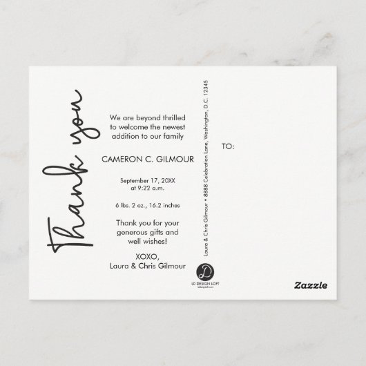 Vertical Baby Birth Ankündigung und vielen Dank Postkarte (Rückseite)