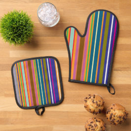 Vertical Retro Stripes Colorful Ofenhandschuh & Topflappen-Set