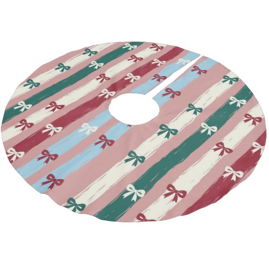 Vertical Stripes & Bows in Holiday Pastels Polyester Weihnachtsbaumdecke (Schrägansicht)