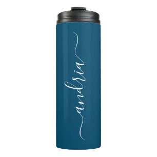 Vertical White Script Name, Ocean Blue Thermosbecher