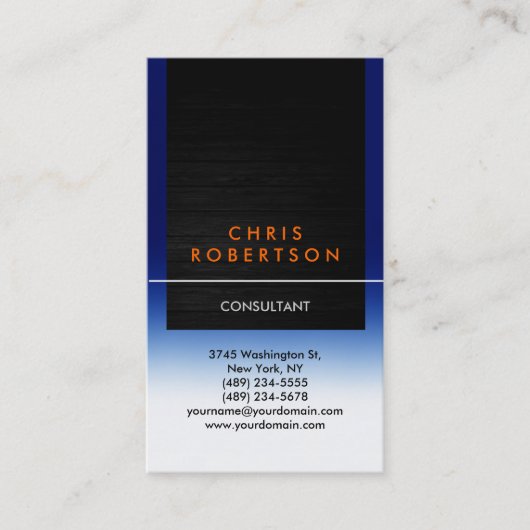 Vertikal blaue Orange-Holzmuster-Visitenkarte Visitenkarte (Vorderseite)