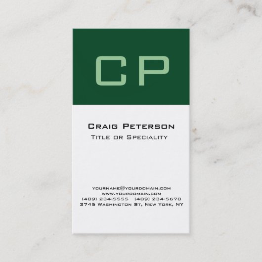 Vertikal Forest Green White Monogram Business Card Visitenkarte (Vorderseite)