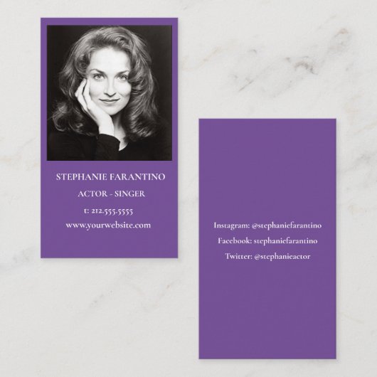 Vertikal Lila Schwarz-Weiß-Headshot Visitenkarte (Vorne/Hinten)