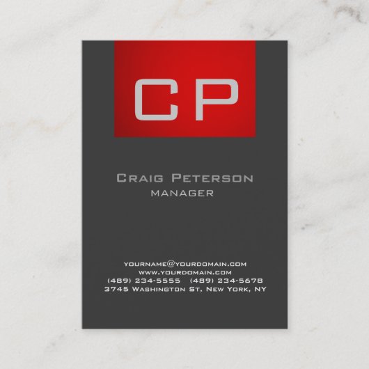 Vertikale Creative Grau Red Monogram Business Card Visitenkarte (Vorderseite)