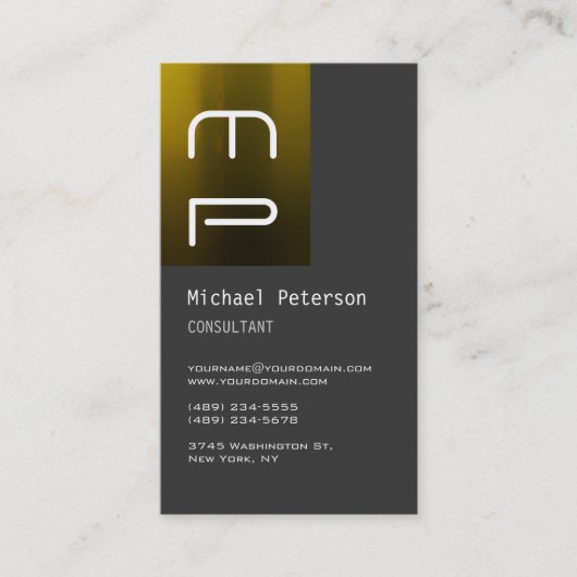 Vertikale Grau Gelbe Monogramm Visitenkarte (Vorderseite)