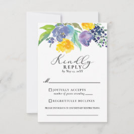 Vertikale Hochzeit von Navy Blue und Yellow Floral RSVP Karte