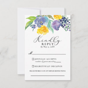 Vertikale Hochzeit von Navy Blue und Yellow Floral RSVP Karte