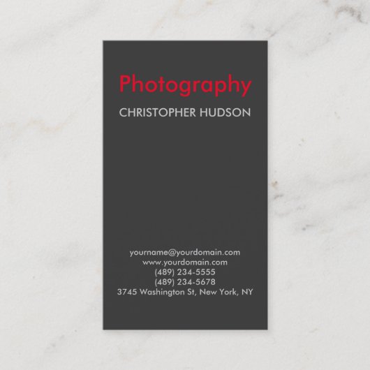 Vertikale rote graue Fotografie Visitenkarte (Vorderseite)