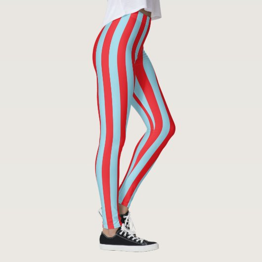 Vertikale rote und blaue Pastellstreifen Leggings (Rechts)