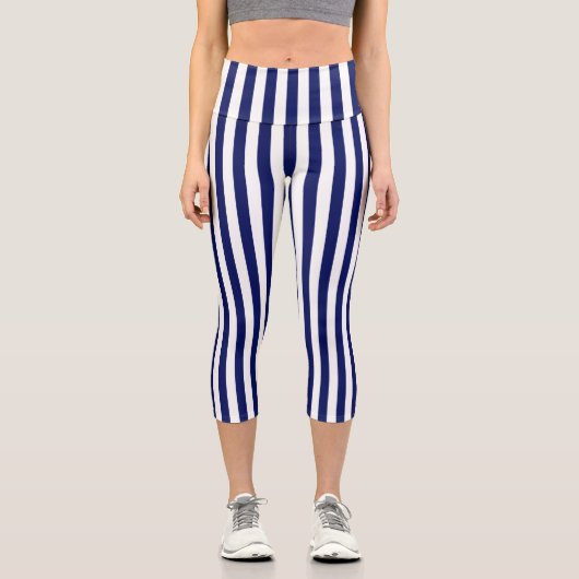 Vertikale weiße Streifen DIY Hintergrund Navy Capri Leggings (Vorderseite)