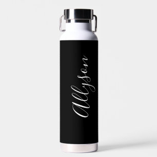 Vertikaler Name, weißes Skript, schwarz Trinkflasche