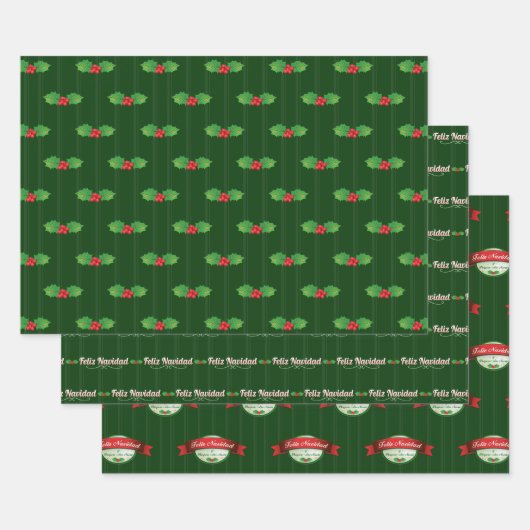 Vertikaler Streifen Holly Berry Feliz Navidad Geschenkpapier Set (Set)