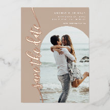 Vertikales Bogenfoto Taupe Save the Date