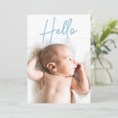 Vertikales Foto Blau Hallo Skript Kindergeburt Ankündigung (Stehend Vorderseite)