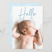 Vertikales Foto Blau Hallo Skript Kindergeburt Ankündigung (Vorne/Hinten)