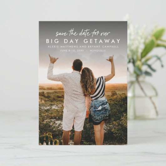 Vertikales Foto der Hochzeit in Urlaubsort Save The Date (Stehend Vorderseite)