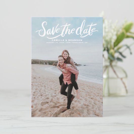 Vertikales Foto mit Skripthandschrift Save the Dat Ankündigung (Stehend Vorderseite)