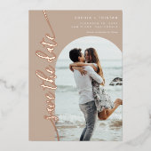 Vertikales Foto Taupe Save the Date Folieneinladung (Vorderseite)