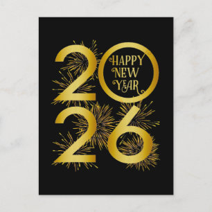 Vertikales Gold 2026 Neujahrsdesign mit Feuerwerk Feiertagspostkarte