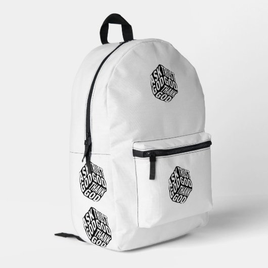Vertraue Gott, Bitte Gott, Danke Gott. Bedruckter Rucksack (Rückseitige Ecke links)