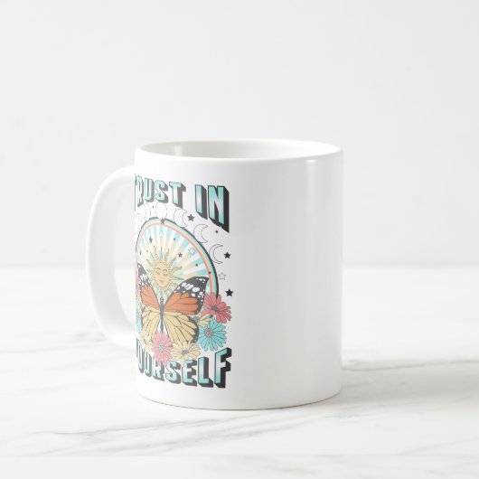 Vertrauen in dich selbst | Sonne und Schmetterling Kaffeetasse (Vorderseite Links)