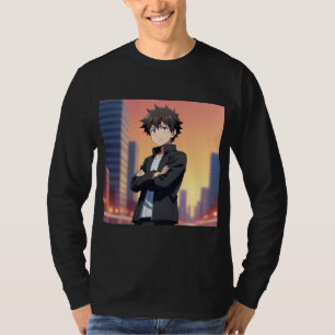 Vertrauensvoller Anime-Junge in der Stadt bei Sonn T-Shirt