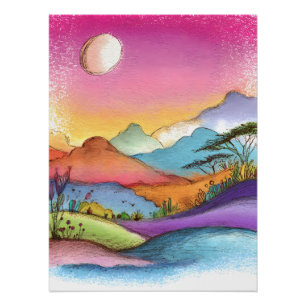 Verträumte Landschaft mit Mond, Bergen und See Poster