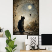 Vertraute Uhr - Schwarze Katze und Zauberwand Poster (Heimbüro)