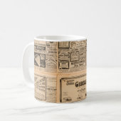 Verwendeter Papierhintergrund. Alte Zeitungsseite Kaffeetasse (Vorderseite Links)