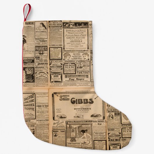 Verwendeter Papierhintergrund. Alte Zeitungsseite  Kleiner Weihnachtsstrumpf (Vorderseite)