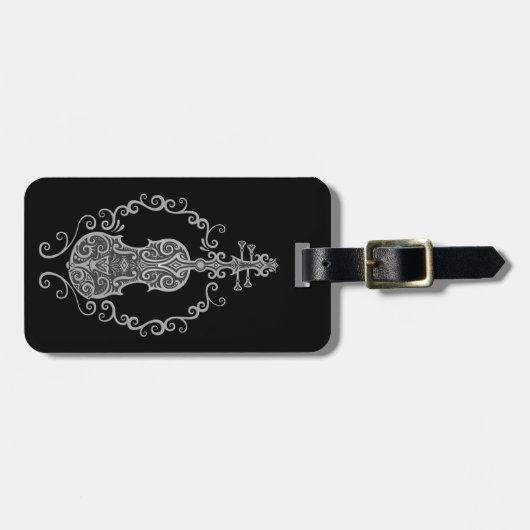 Verwickelter grauer Violinen-Entwurf auf Schwarzem Gepäckanhänger (Vorderseite horizontal)