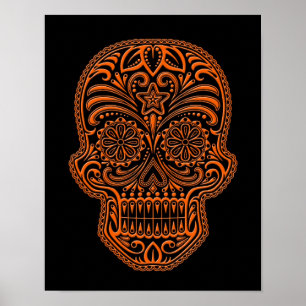 Verwickelter orange Zuckerschädel auf Schwarzem Poster