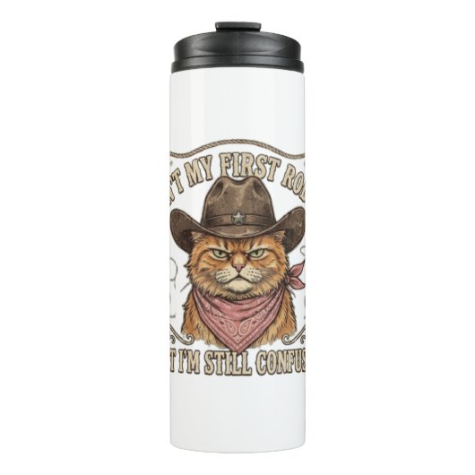 Verwirrter Cowboy-Katzen-Rodeo Thermosbecher (Vorderseite)