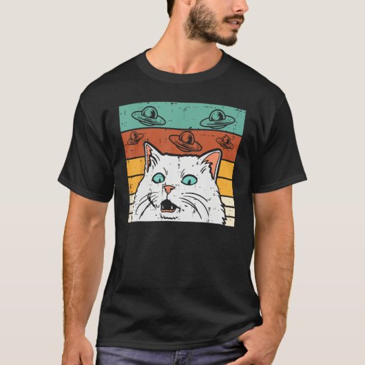 Verwirrtes Katze UFO Retro-Meme Außerirdischer Wel T-Shirt (Vorderseite)