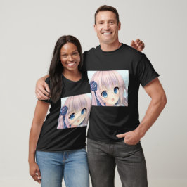 Verwirrtes Lächeln Anime Mädchen rosa Haare blaue  T-Shirt