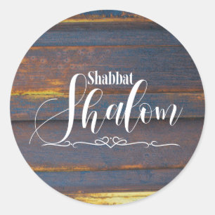 Verwittertes Holz Shabbat Schalom, Dunkelblau Gold Runder Aufkleber