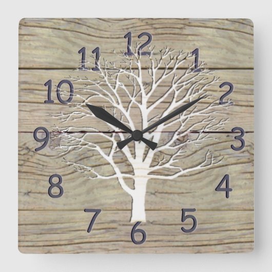 Verwittertes Treibholz mit Baum-Grafik Quadratische Wanduhr (Vorderseite)