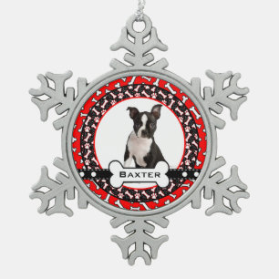 Verwöhnte Hündchen-HundeFoto-Knochen und Schneeflocken Zinn-Ornament