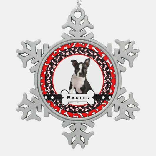 Verwöhnte Hündchen-HundeFoto-Knochen und Schneeflocken Zinn-Ornament (Vorderseite)